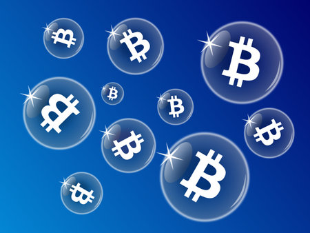 Shiny Bitcoin bubbles on a blue background as a possibility of a speedy burstのイラスト素材
