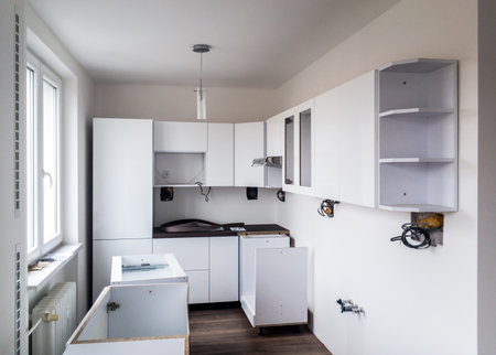 OSTRAVA, CZECH REPUBLIC - NOVEMBER 3: A new white modern kitchen under construction process. The image was taken on November 3, 2017.のeditorial素材