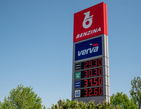 OSTRAVA, CZECH REPUBLIC - MAY 5, 2018: The red petrol station of local Benzina company. The image was taken in Ostrava - Poruba, Czech republic on May 5, 2018.のeditorial素材