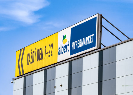 OSTRAVA, CZECH REPUBLIC - MAY 28, 2018: A banner with opening hours of the hypermarket branch Albert...