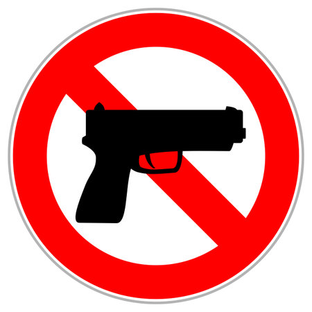 Red circle sign restricting the entry with firearms or another guns because it is threat to safetyのイラスト素材