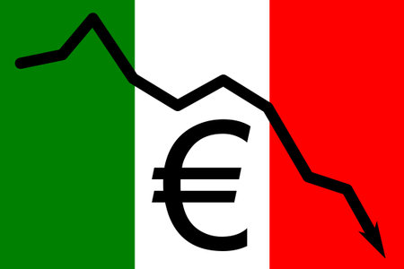 Italian flag depciting problems with Euro currency and its large debt and decreasing amount of moneyのイラスト素材