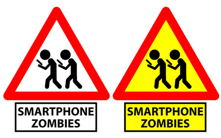 Traffic sign depicting two men walking and staring at screen as smartphone zombiesのイラスト素材