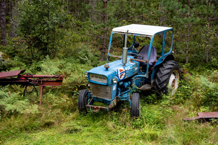 KINSARVIK, NORWAY - AUGUST 10, 2016: Old abandoned and overgron blue Ford tractor as a unused farmer equipment. The image was taken on August 10, 2016 in Norway.のeditorial素材