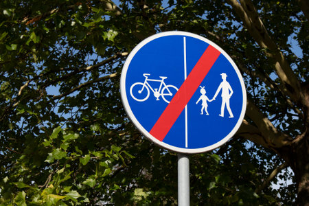 The round blue sign with the tree background showing that the path for cyclists and pedestrians...