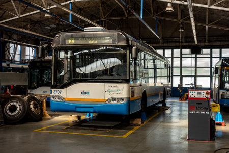 OSTRAVA, CZECH REPUBLIC - SEPTEMBER 9, 2017: Solaris Trollino 12AC trolleybus repaired in DPO garages in Ostrava during public open days. The image was taken on September 9, 2017.のeditorial素材