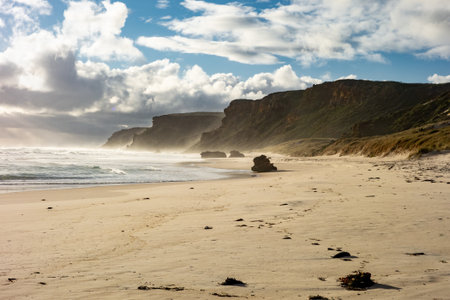 Beautiful empty Salmon Beach near Northcliffe, Western Australia during sunset with stormy clouds...