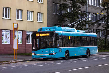 OSTRAVA, CZECH REPUBLIC - NOVEMBER 14, 2018: Czech Skoda 26Tr patrial trolleybus in Ostrava which is based on Solaris vehicle with a battery that allows the vehicle to drive without trolleys.のeditorial素材