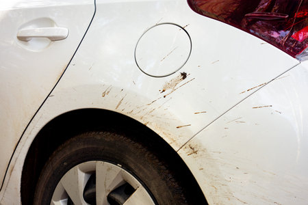 Very dirty white car covered by mud because of the off-road driving. The car is in need to be cleaned in a car wash.の写真素材