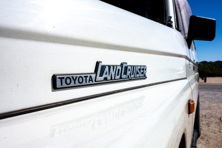 KARIJINI, WESTERN AUSTRALIA - JULY 7, 2018: The logo of legendary classical off road Toyota...