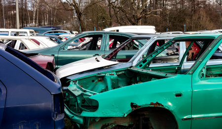 A scrap yard full of car wrecks that were cleared from interior and prepared to be recycled