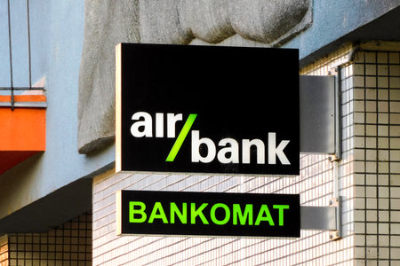 OSTRAVA, CZECH REPUBLIC - JULY 8, 2019: The sign of the Air Bank showing that there is an ATM (bankomat in Czech language) to withdraw money.のeditorial素材