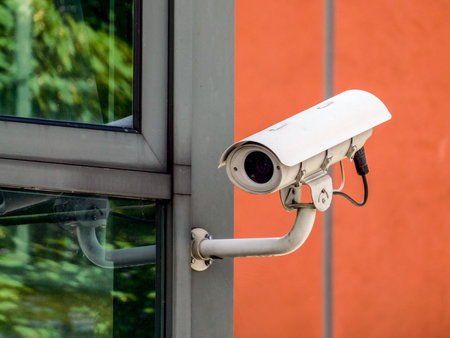 White CCTV security camera monitoring everything around the building which should be protectedの写真素材