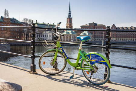 STOCKHOLM, SWEDEN - APRIL 20, 2019: Rental bicycle of bike sharing company Eu-Bike in Stockholm with blurred backgroundのeditorial素材