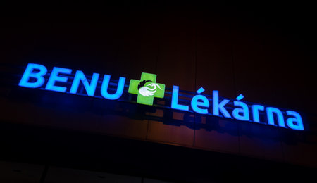 HAVIROV, CZECH REPUBLIC - SEPTEMBER 5, 2019: The local shop of the Benu Lekarna drugstore retail chain in Havirov with a blue logo and a green sign typical for pharmacies.のeditorial素材