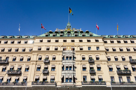 STOCKHOLM, SWEDEN - APRIL 22, 2019: The building of Grand Hotel in Stockholm which provides luxury rooms.のeditorial素材