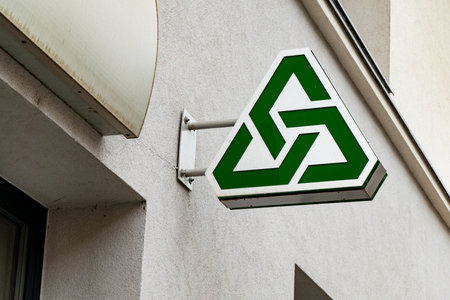 OSTRAVA, CZECH REPUBLIC - OCTOBER 16, 2019: The banner with a logo of Kooperativa insurance company in Ostravaのeditorial素材