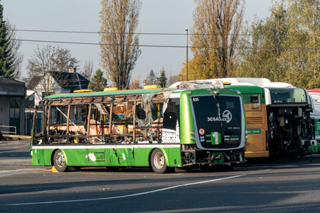 SENOV, HAVIROV, CZECH REPUBLIC - OCTOBER 25, 2019: The burnt SOR EBN 9.5 electric bus from Hranice na Morave which caught fire and was completely destroyed. It show the risk of EVs and their batteriesのeditorial素材