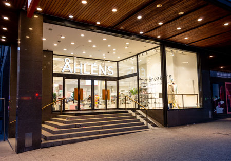 STOCKHOLM, SWEDEN - APRIL 18, 2019: The entrance with stairscase to Ahlens shopping mall and storeのeditorial素材