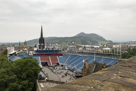 EDINBURGH, SCOTLAND - JULY 29, 2019: The Esplanade area in front of the Edinburgh Castle usually used for parades, concerts and other cultural events in overcast weatherのeditorial素材