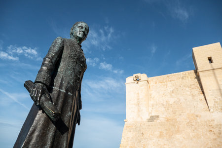 BUGIBBA, MALTA - OCTOBER 27, 2019: The statue of Markiza Anna Bugeja who built St Pauls Bay Parish Church and helped poor in front of the Wignacourt Tower (Torri ta Wignacourt)のeditorial素材