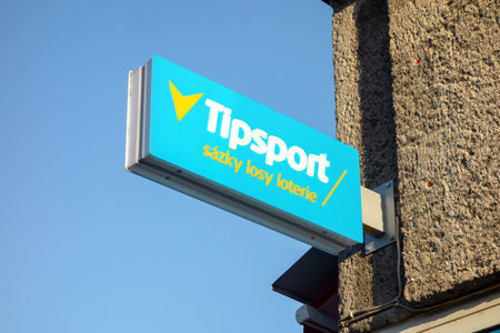 OSTRAVA, CZECHIA - DECEMBER 20, 2019: The banner of the TipSport betting company where gamers can bet their money on sports events. It shows the text bets, tickets and lottery in Czechのeditorial素材