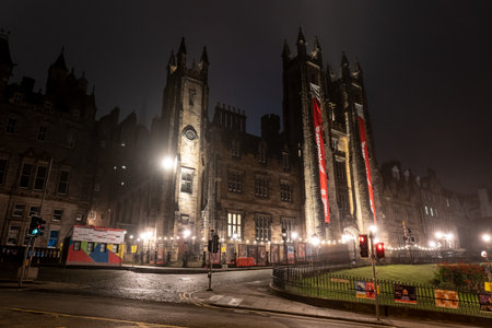 EDINBURGH, SCOTLAND - JULY 29, 2019: The Assembly Hall of the New College, The University of Edinburgh during the night illuminated with artificial lightsのeditorial素材