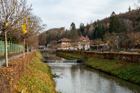 LUHACOVICE, CZECH REPUBLIC - NOVEMBER 17, 2019: Stavnice creek in the center of Luhacovice spa after main touristic season in autumnのeditorial素材