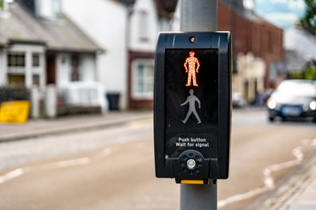 Pedestrian zebra crossing with an English text telling people to wait for appropriate signal and...