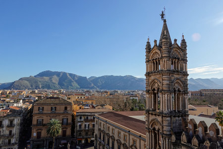 PALERMO, SICILY - FEBRUARY 8, 2020: The bell tower and the roof of Palermo Cathedral with mountains and the town square in the backgroundのeditorial素材