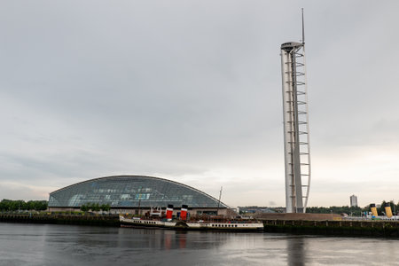 GLASGOW, SCOTLAND - JULY 31, 2019: PS Waverley paddle steamer ship in front of the Glasgow Science...