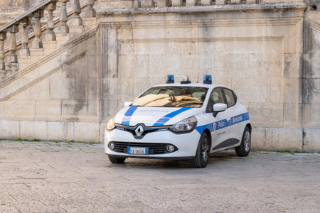 PALERMO, SICILY - FEBRUARY 8, 2020: A white Renault Clio police car of the Palermo town police (Polizia Municipale Comune di Palermo)のeditorial素材