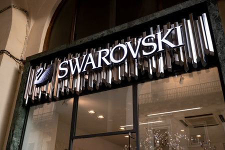 VALLETTA, MALTA - OCTOBER 29, 2019: The logo of the Swarovski store above the entrance to the shop where luxury jewellery is soldのeditorial素材