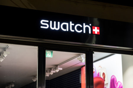 PALERMO, SICILY - FEBRUARY 8, 2020: The logo of the Swiss Swatch company which sells luxury watches...