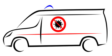 Vector illustration of an ambulance car with a traffic sign showing the figth with corona virus SARS-CoV-2 and Covid-19 disease. Mobile unit vehicle which helps patient with a treatment and transportのイラスト素材