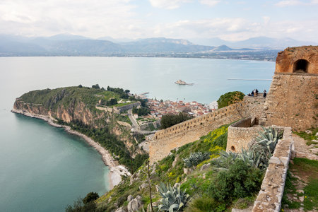 Landscape of Acronauplia and Bourtzi Castle in the sea from Fortress of Palamidi, Naflplio, Greece, Europeのeditorial素材
