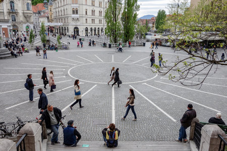 LJUBLJANA, SLOVENIA - APRIL 17, 2014: Presernov trg town square in the center of Ljubljana, capital...