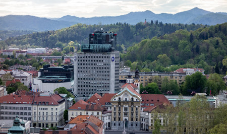 LJUBLJANA, SLOVENIA - APRIL 17, 2014: TR3 business tower at Trg Republike town square in the center of Ljubljana, Slovenia with company offices and some embassies.のeditorial素材