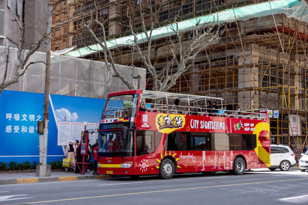 SHANGHAI, CHINA - APRIL 13, 2017: Red Ankai doubledecker bus for tourists and sightseeing tours in Shanghai, Chinaのeditorial素材