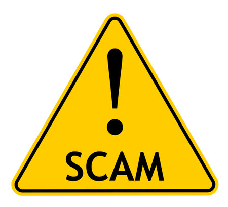 Vector illustration of yellow triangle warning sign with exclamation mark and SCAM text