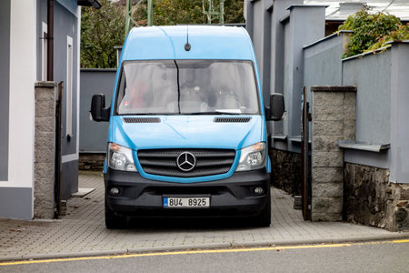 ODRY, CZECH REPUBLIC - OCTOBER 7, 2020: Frontal part of blue Mercedes-Benz Sprinter commercial van...