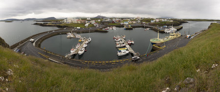 STYKKISHOLMUR, ICELAND - JULY 9, 2014: Panorama of Stykkisholmur city in North-West Iceland with a harbourのeditorial素材