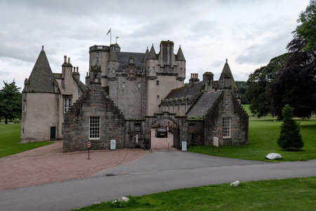 INVERURIE, SCOTLAND - AUGUST 10, 2019: The gate of ancient Castle Fraser in Sauchen, Inverurie, Scotland at early duskのeditorial素材