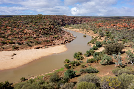 Landscape of valley and bush with Murchison Riven in Kalbarri National Park viewed from the famous Nature Windowの写真素材