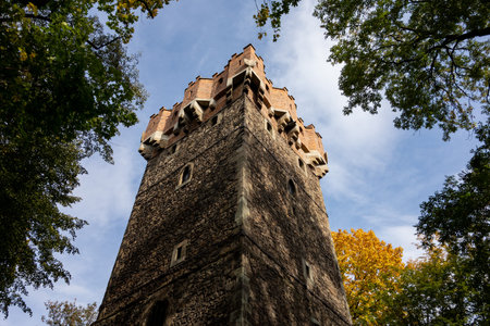 Ancient Wieza Piastowska w Cieszynie Tower in the Polish city of Cieszyn in perspective viewのeditorial素材