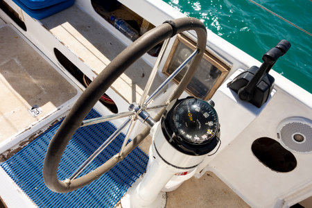 DENHAM, AUSTRALIA - JULY 5, 2018: Rudder and Plastimo compass on a white yacht to control the ship and get correct directionsのeditorial素材