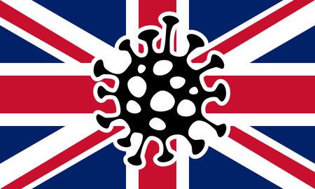 Union Jack flag of United Kingdom of Great Britain and Northern Ireland with an image of corona virus for the COVID-19 disease. It represents more dangerous British mutationのイラスト素材