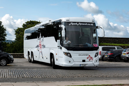 PERTH, SCOTLAND - AUGUST 13, 2019: Scania Interlink YN17 luxury coach of A and A Travel company in Perth, Scotlandのeditorial素材