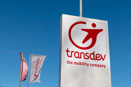 SENOV, CZECH REPUBLIC - DECEMBER 29, 2020: The logo of Transdev, the mobility transportation company at its service centerのeditorial素材