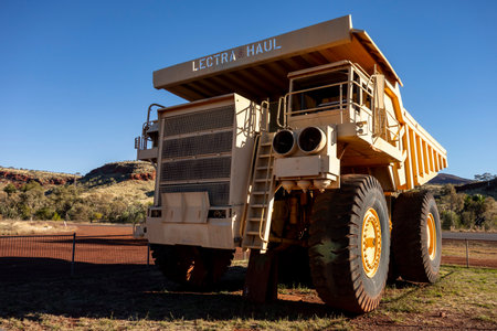 TOM PRICE, WESTERN AUSTRALIA - JULY 8, 2018: Unit Rig Lectra Haul Mark 36 Dump Truck near Tom Price museum and iron ore minesのeditorial素材